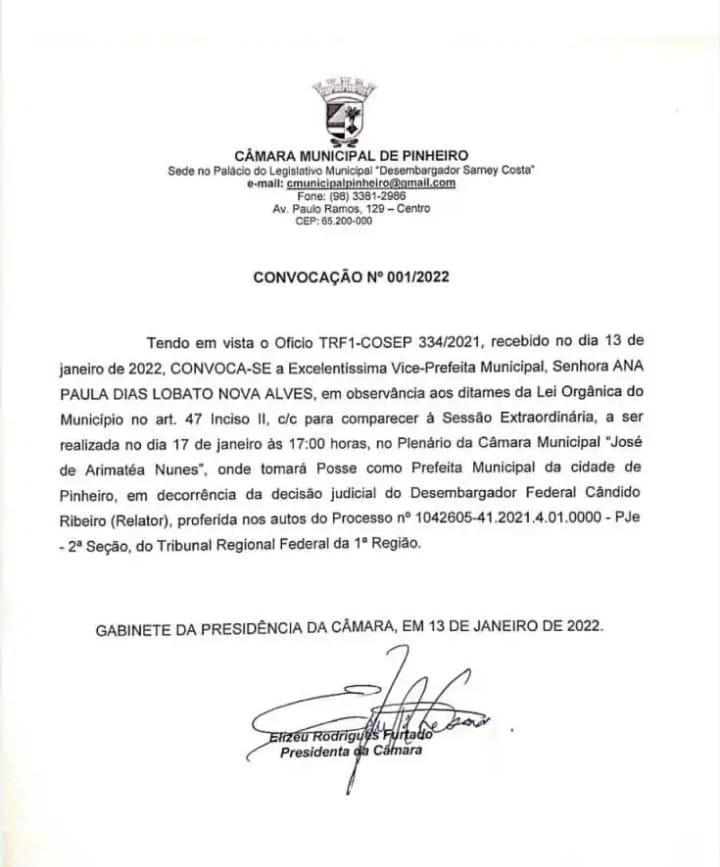 Vice é convocada para assumir Prefeitura de Pinheiro após afastamento de prefeito