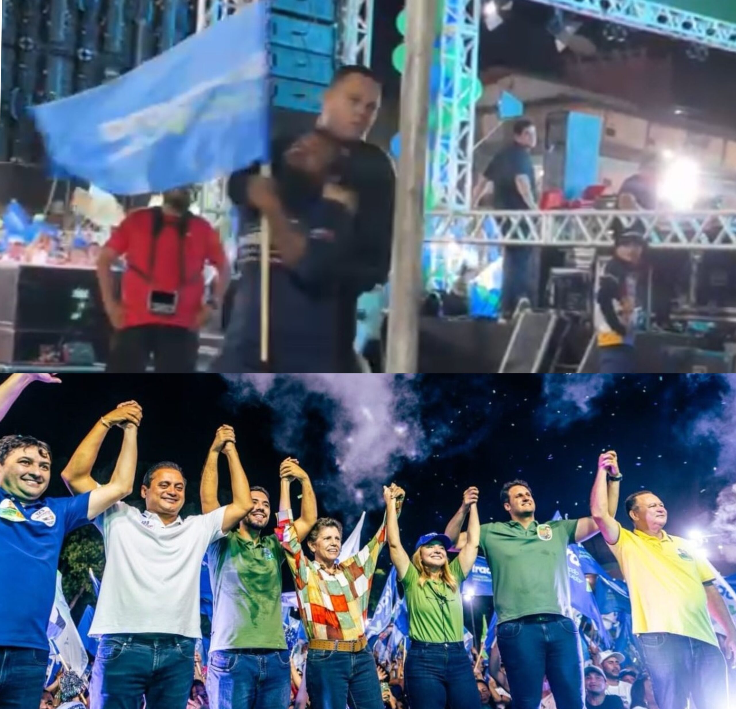 Apoiador com bandeira é retirado a força por seguranças durante ato político de Iracema e Orleans em Barreirinhas